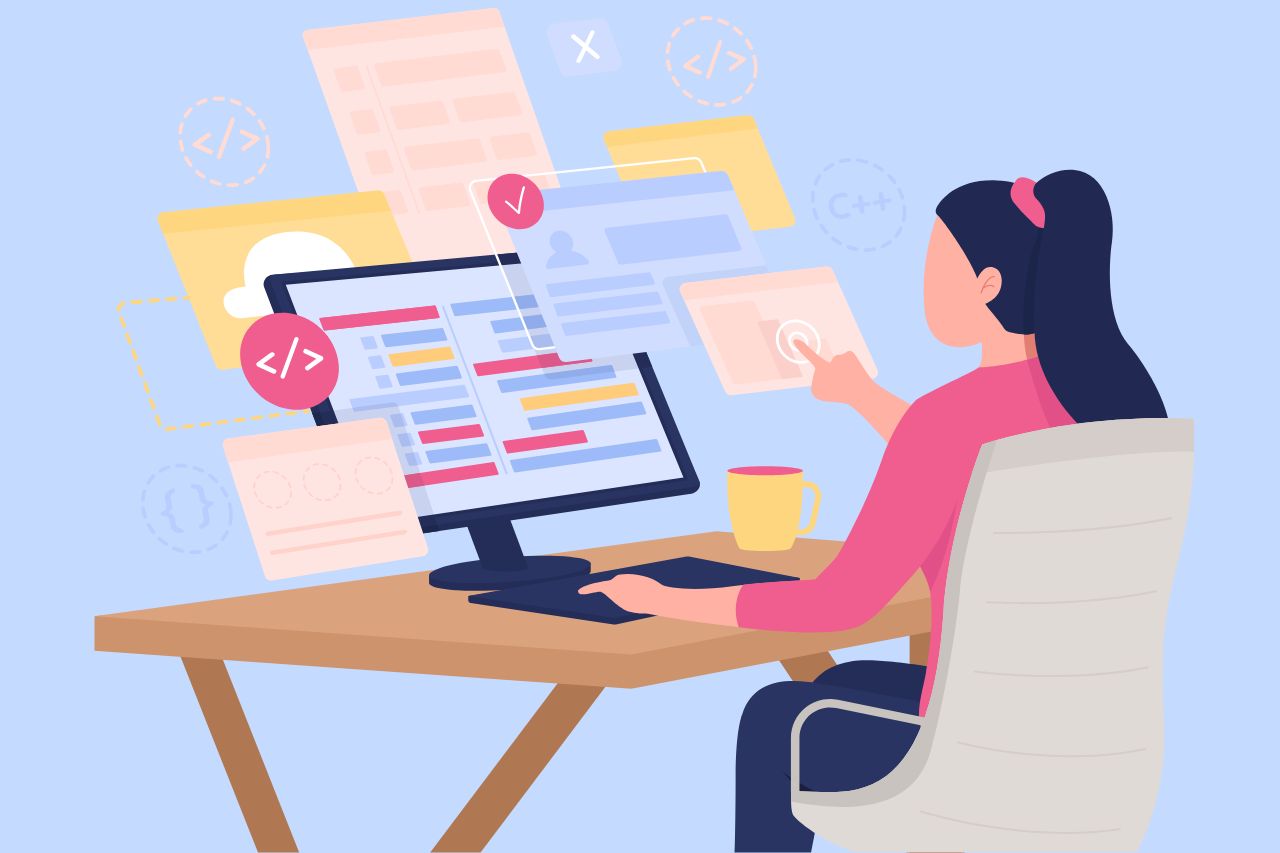 animated woman exploring website development features