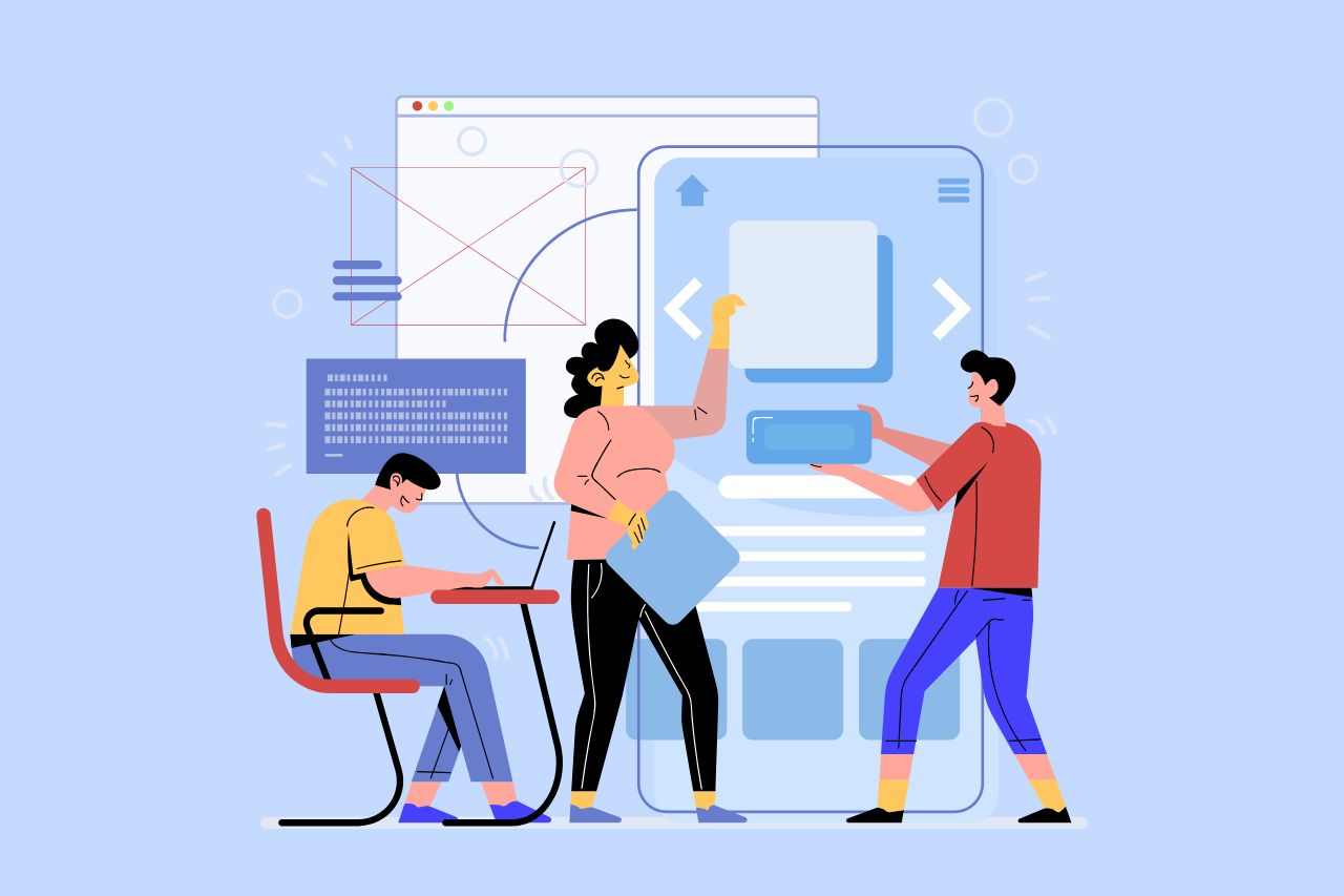 Team creating a user interface with developers arranging layout elements