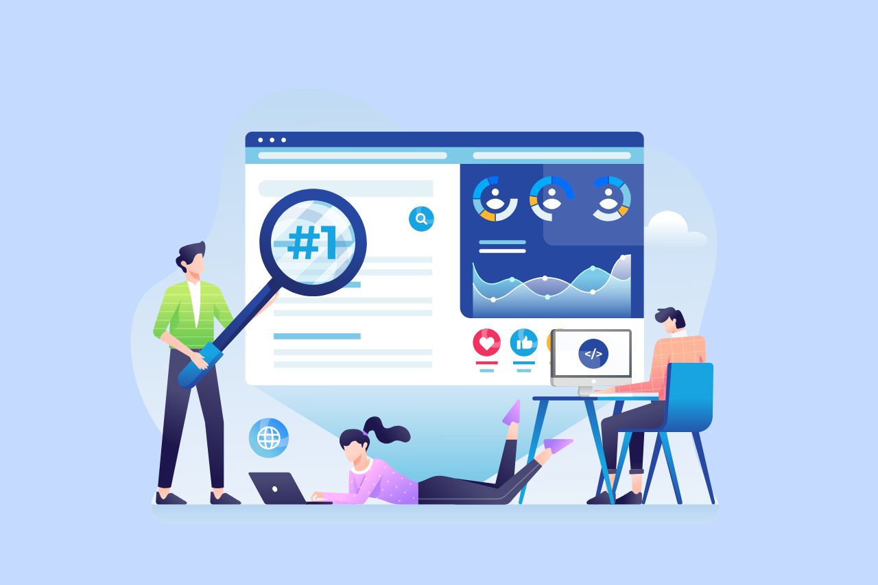 Illustration of people analyzing website data on screens