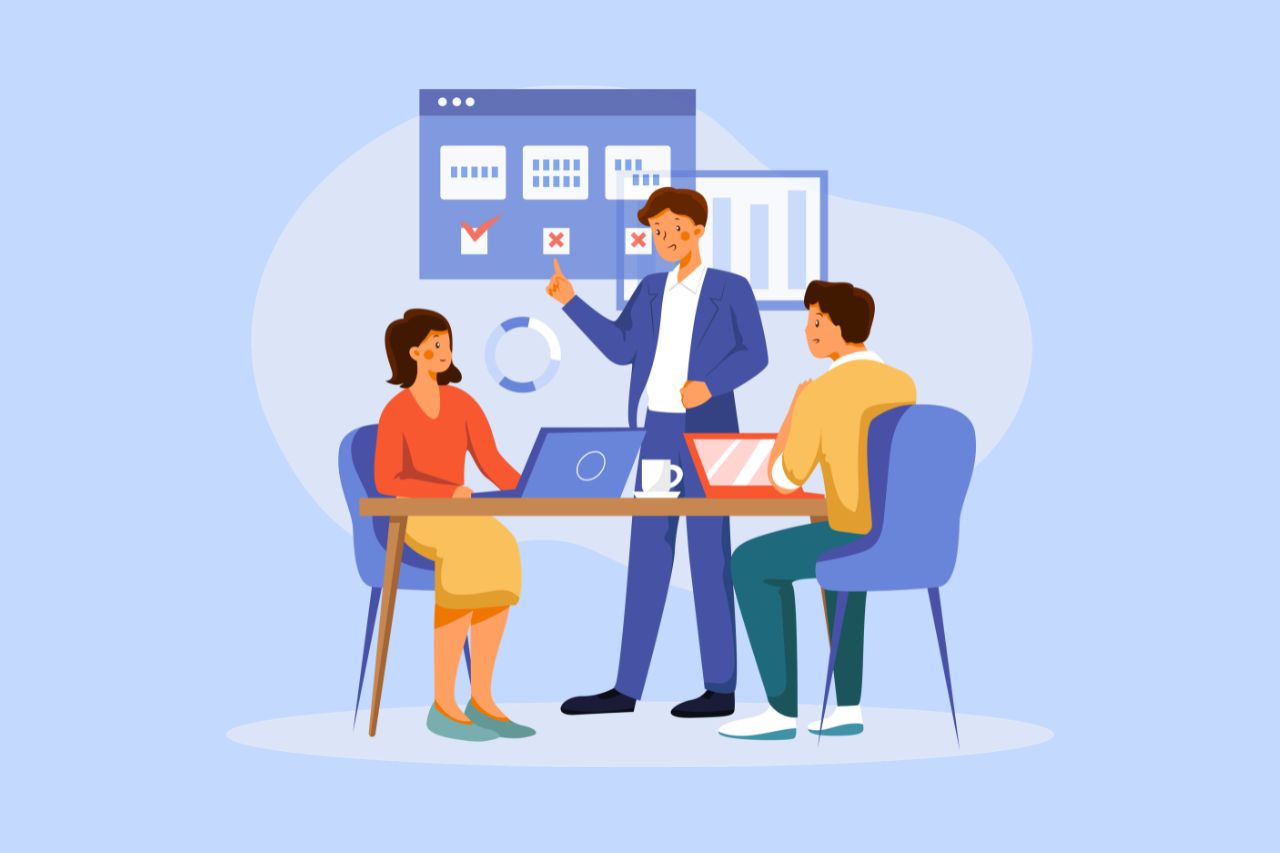 Illustration of a team reviewing website forms and accessibility features on a screen