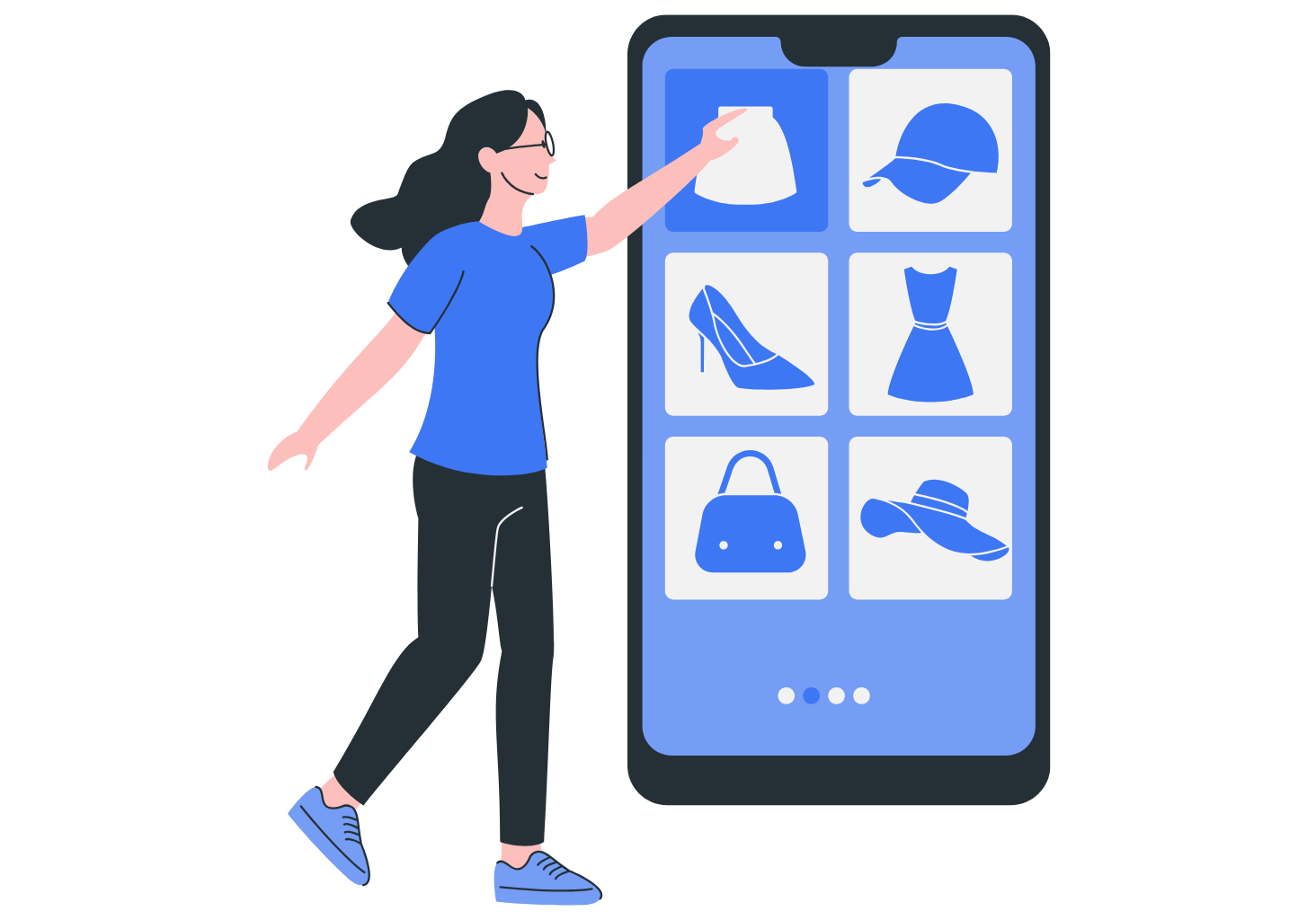 Illustration of a user browsing an online clothing store on a mobile device
